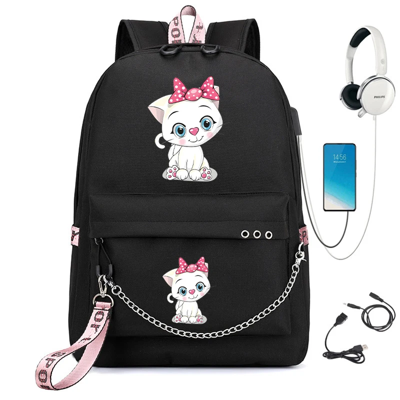 Students Backpack School Bag Back Pack Teenager Schoolbag Cartoon Cat Cute Kitten Boy Girls Backpack Canvas Usb Charging Bookbag