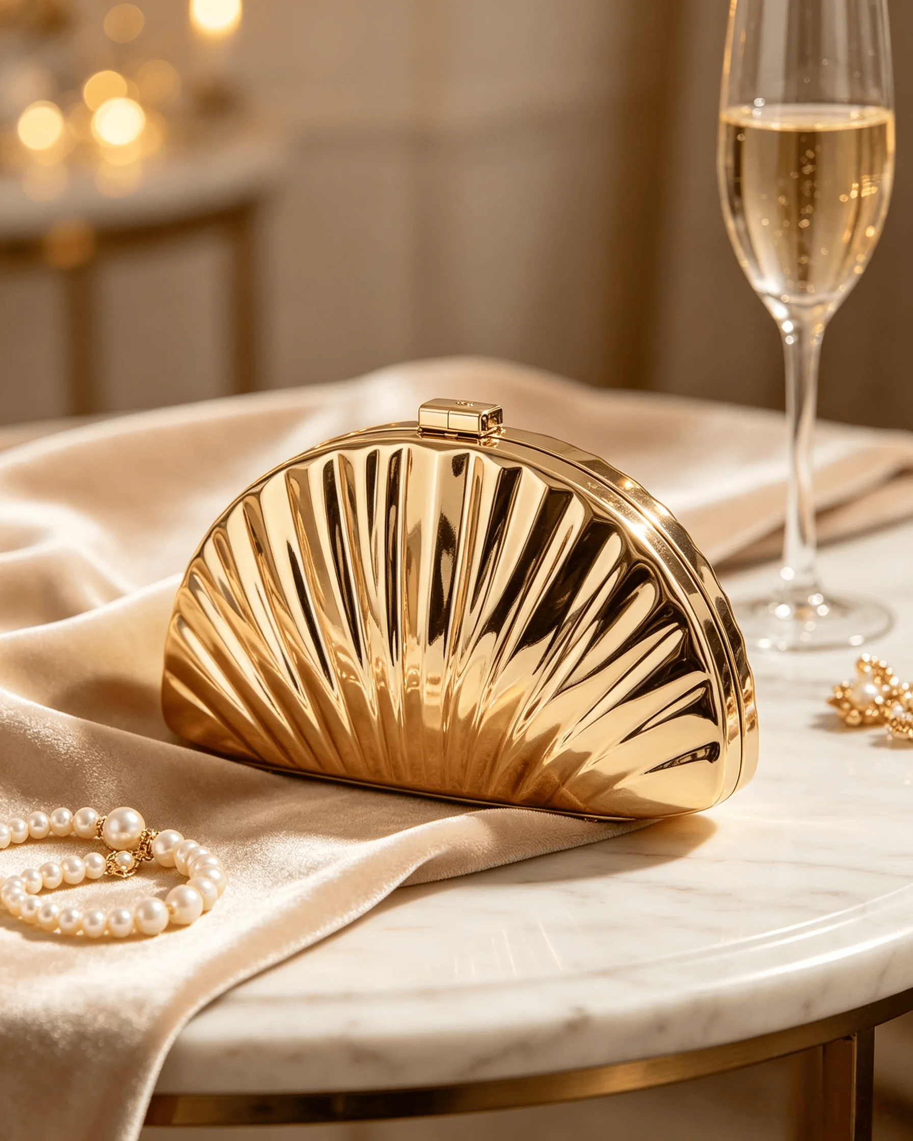 Gold Fan-Shaped Pleated Metal Evening Bag for Women, High-End Clutch Bag for Weddings, Banquets, Parties, Mini Chain Crossbody Bag, Gift