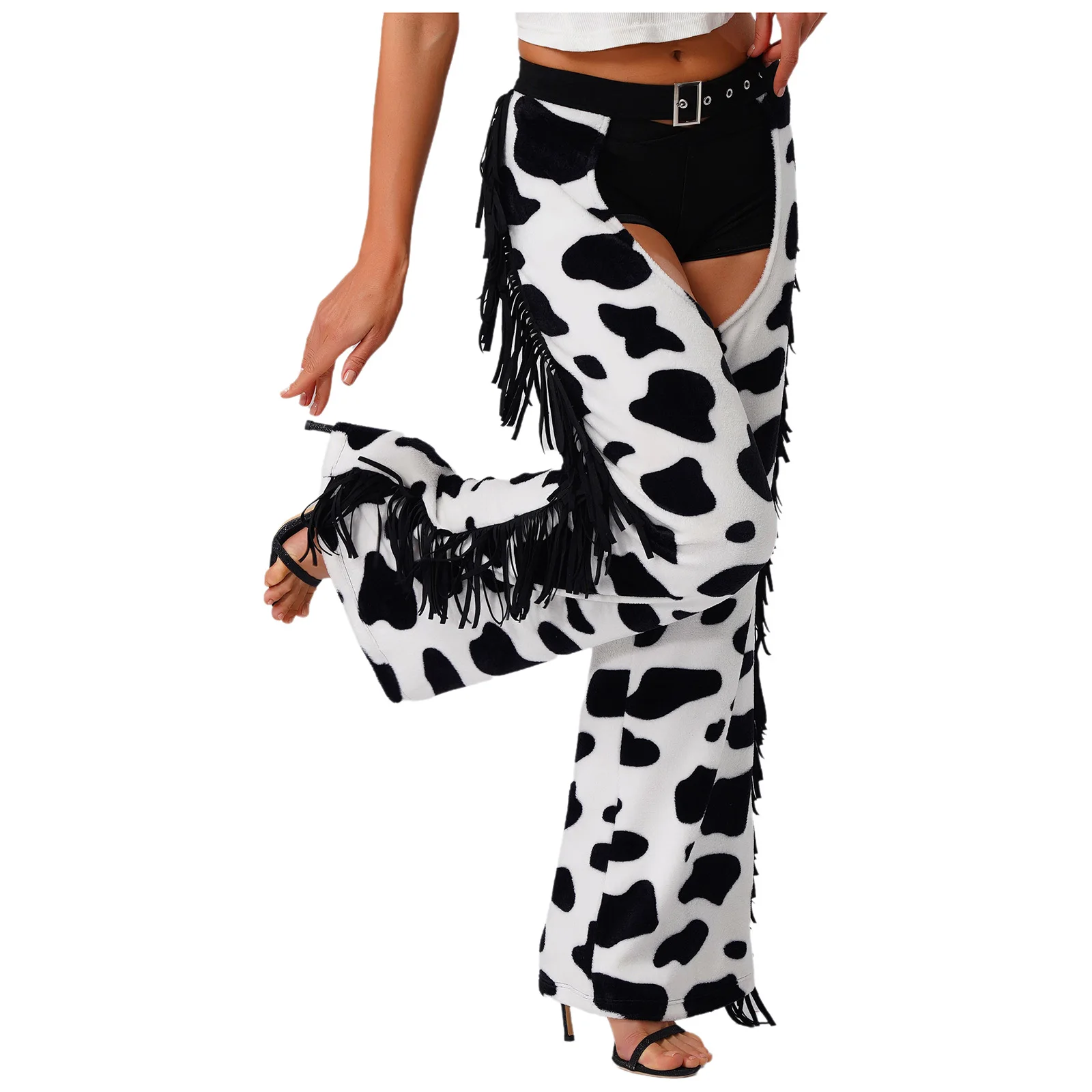 Womens Cow Spot Flannel Long Pants Halloween Cowgirl Cosplay Trousers with Side Tassel Adjustable Waist and Open Crotch Design