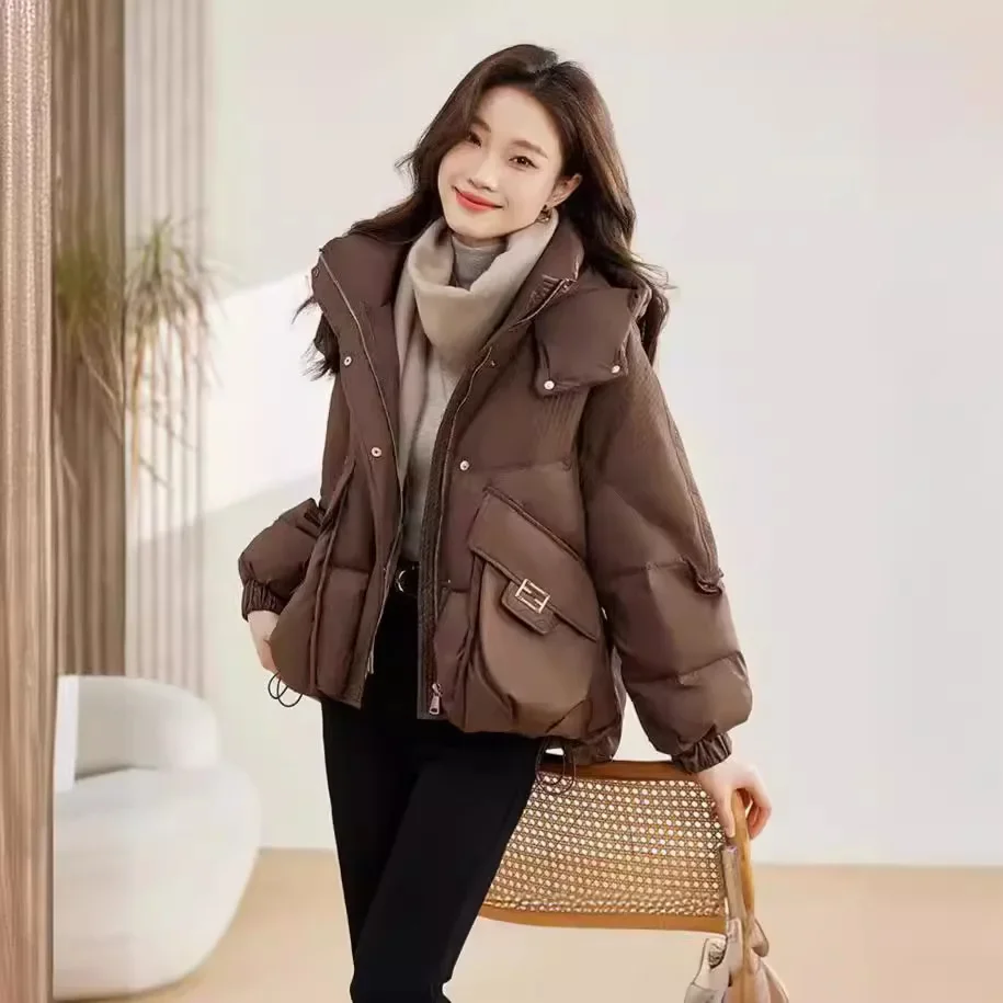 Casaco grosso solto de algodão feminino, jaqueta quente com capuz, curto, high-end, moda, inverno, 2024