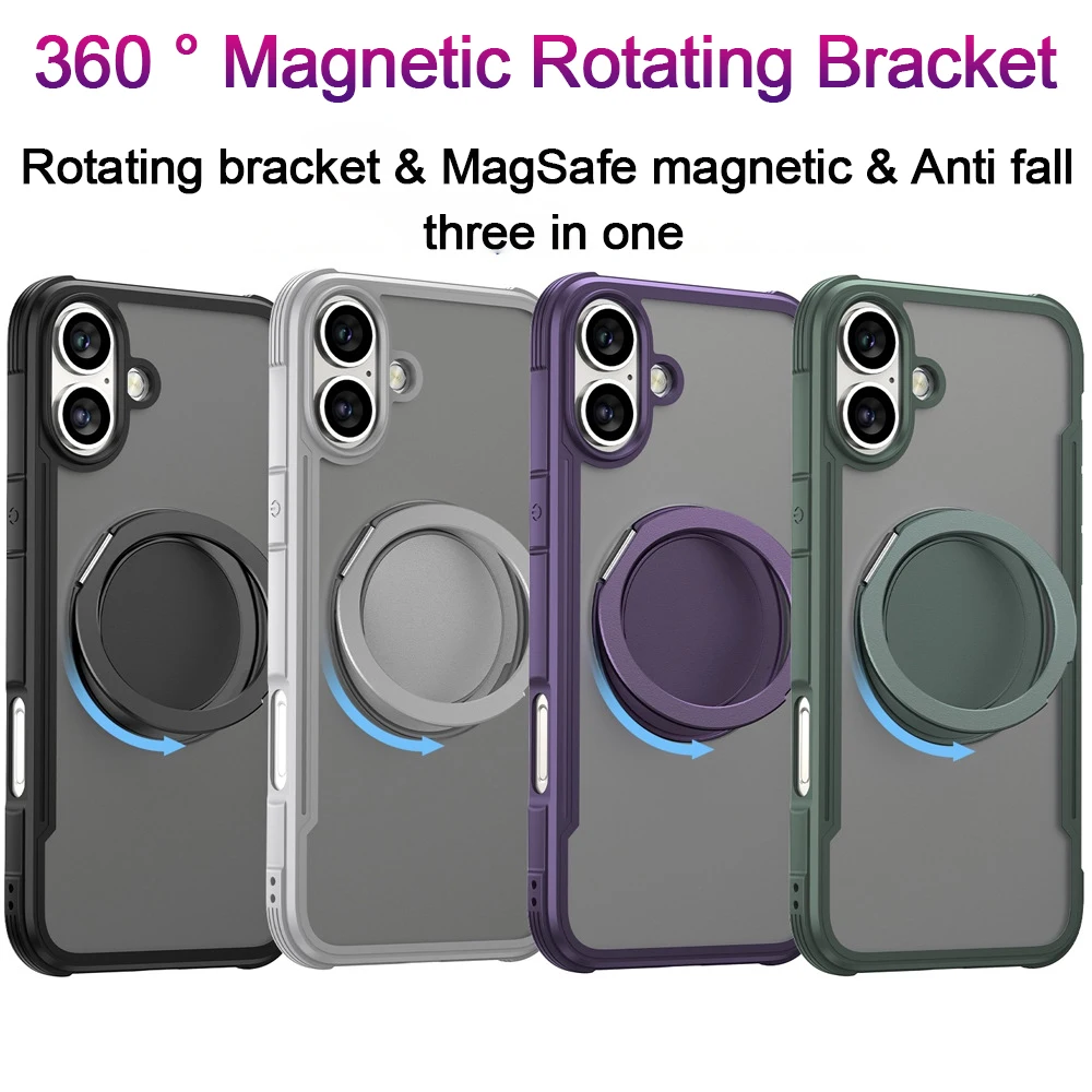 

Phone Case For iPhone 16 Pro Max 16 Plus 360° Rotatable Bracket Magnetic Magsafe Matte Airbag Translucent PC Shockproof Cover