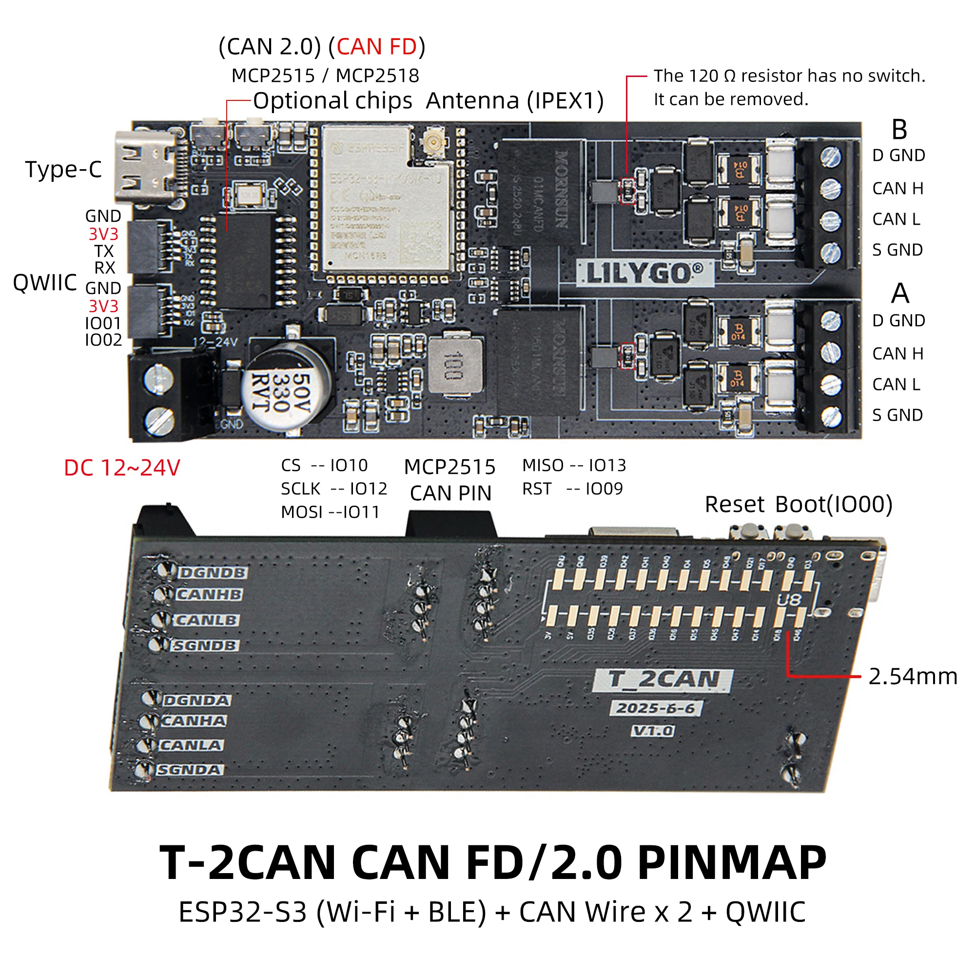 LILYGO ® T-2CAN ESP32-S3 Entwicklungsboard Stand-Alone CAN FD Controller mit SPI-Schnittstelle 16MB FLASH / 8M PSRAM Drahtloses Modul – Detail 6