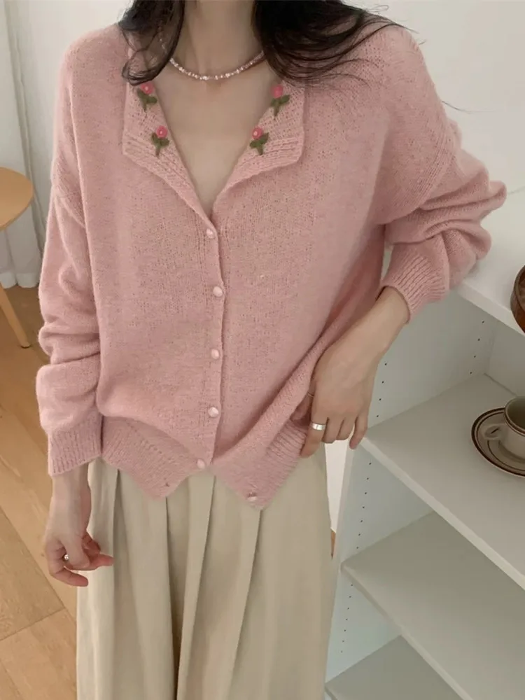 

Autumn Crochet V-neck Cardigan Woman Korean Fashion Casual Long Sleeve Turn-down All-match Thin Sweater Coat Female