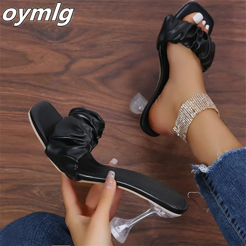 

2024 summer new sandals women's large size square head wine glass with folds one word outside wear high heel sandals women