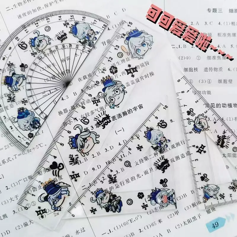 4Pcs/Lot Focalors Furina de Fontaine Ruler Stationery Set Multifunctional Combination Ruler Ruler Triangle Protractor Drawing