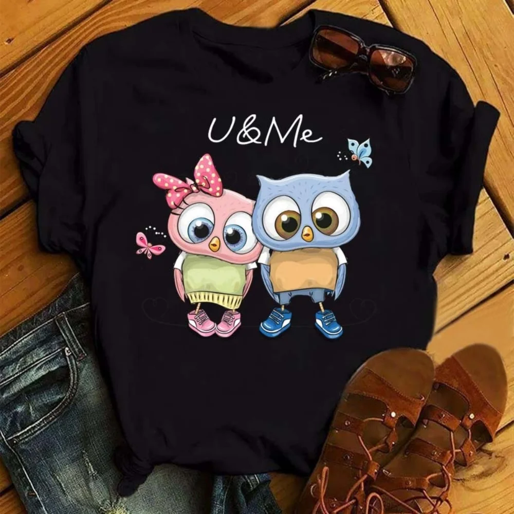 

New Summer Cartoon Owl Print T Shirt Women Kawaii Graphic Shirts Casual Short Sleeved Black Female Tee O-neck Harajuku T-shirts