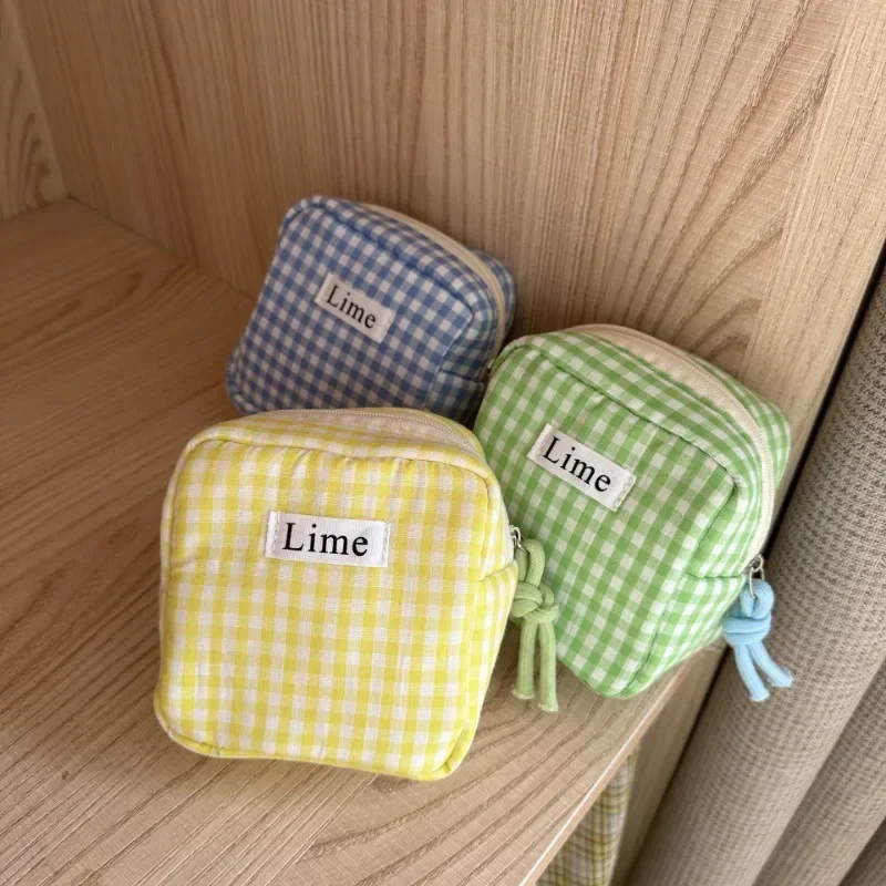 Square Plaid Cotton Storage Bags Sanitary Napkins Oganzier Pouch Bags Students Portable ID Credit Keys Toiletry Storage Bags