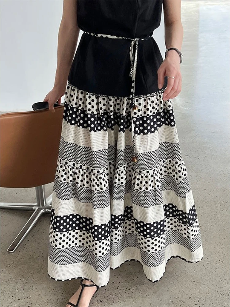 Jupe mi-longue vintage en patchwork à pois pour femme, taille haute, jupe fluide trapèze en noir/blanc, tenues quotidiennes, de bureau ou de vacances