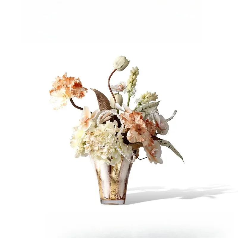 French light luxury platinum glass vase flower arrangement overhead floor hotel living room dining table entrance floral