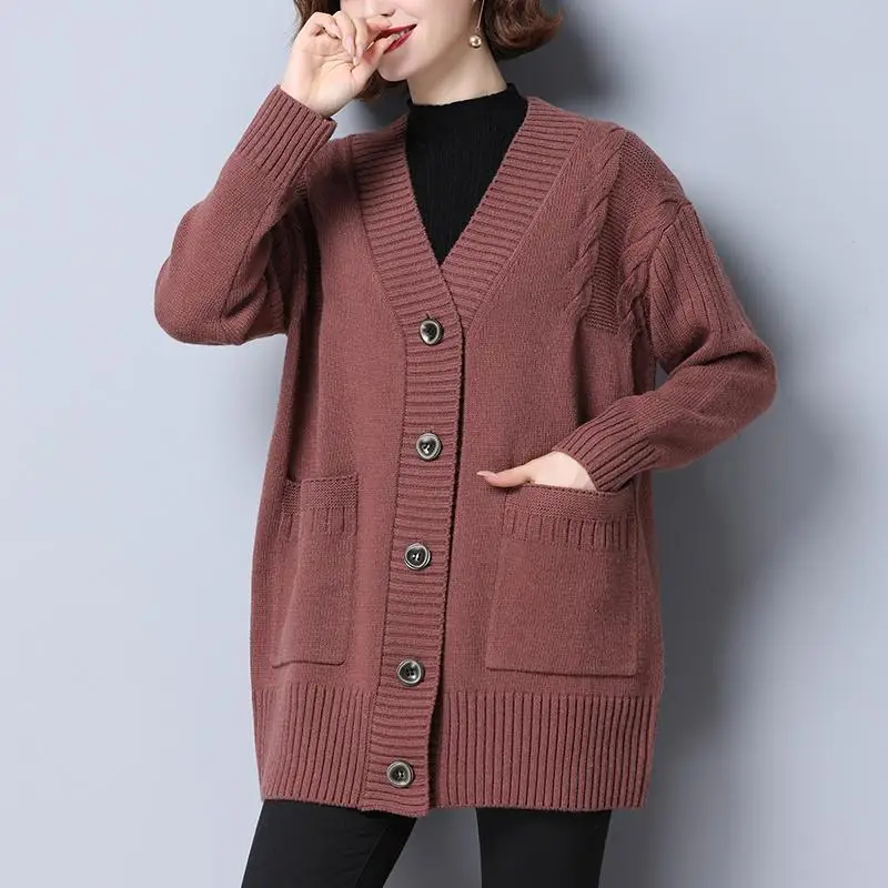 Autumn Winter Long All-match Fashion Women Sweater Coat Pockets Button Long Sleeve V-Neck Warm Loose Solid Casual Knit Cardigans