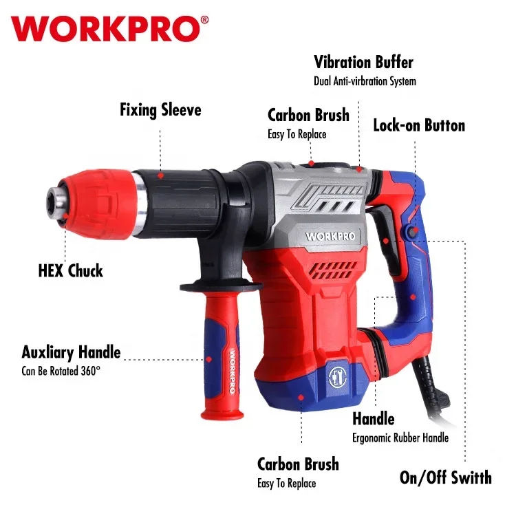 WORKPRO Corded Power Drill Tool 15J Hex K-Type Electric Demolition Hammer Set