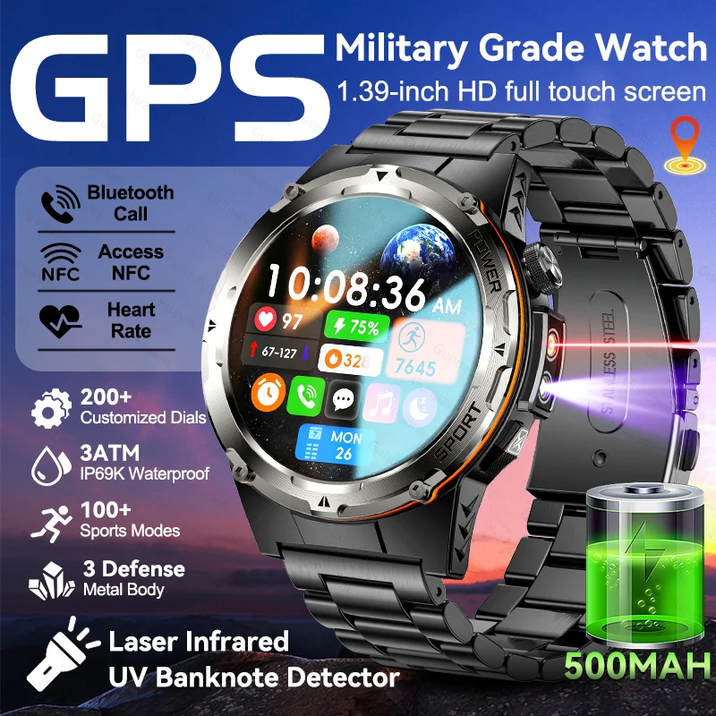 

Новые мужские умные часы в стиле милитари TREX3 с GPS и лазером UV NFC 1,39-дюймовый HD Bluetooth-вызов 500 мАч 3ATM Водонепроницаемые спортивные умные часы