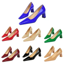 Women Evening Dress 6cm High Heels Daily Concise Office Work Low Square Heels Lady Versatile New Glossy Leather Green Blue Shoes