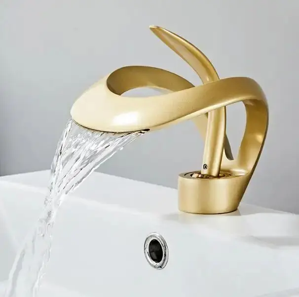 Deao Art deck mounted Hot Cold Faucet brass brushed gold bathroom mixer taps waterfall basin sink faucet