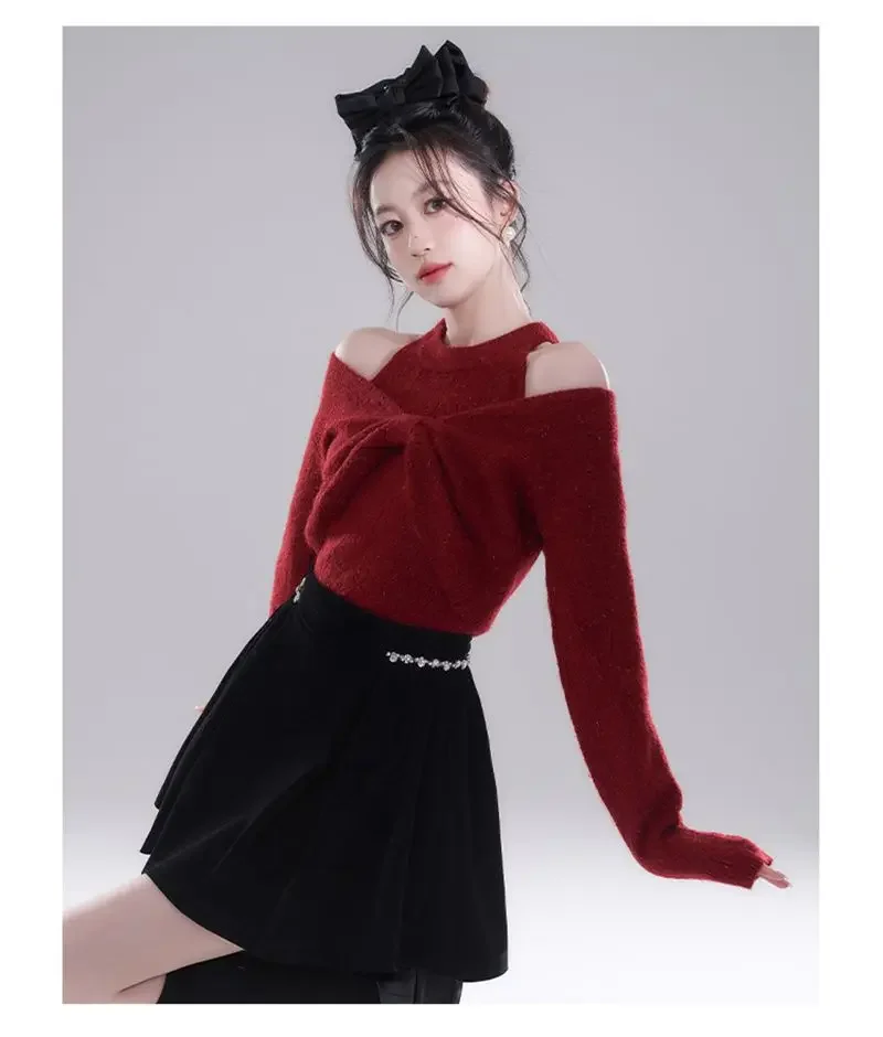 Gagarich New French Off Shoulder Butterfly Knot Slim Fit Sweater Top Long Sleeve Knitted Sweater Design Red Base Two Piece Set