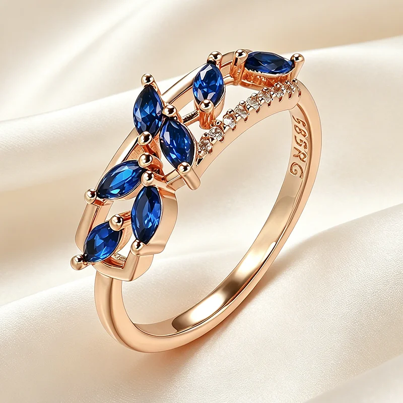 Kinel Hot Blue Natural Zircon Ring for Women Trendy 585 Rose Gold Leaf Ring Romantic Vintage Wedding Jewelry Fashion 2026