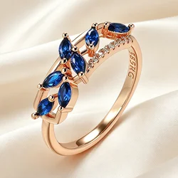 Kinel Hot Blue Natural Zircon Ring for Women Trendy 585 Rose Gold Leaf Ring Romantic Vintage Wedding Jewelry Fashion 2026