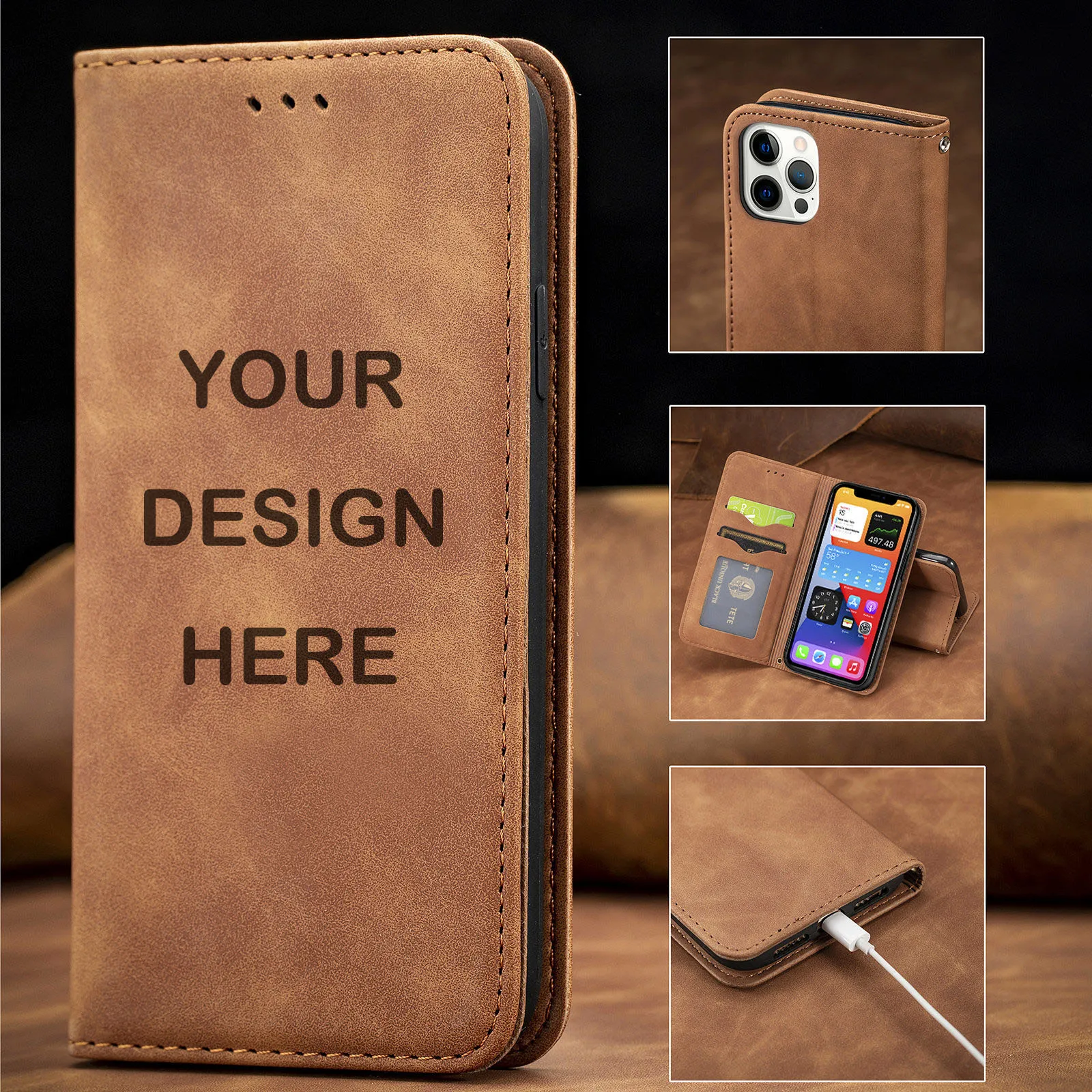 Magnetic Flip Leather Engraved Custom Car Team Logo Phone Case For IPhone 12 13 14 15 Pro Max Samsung Galaxy S23 S24 Ultra Cover