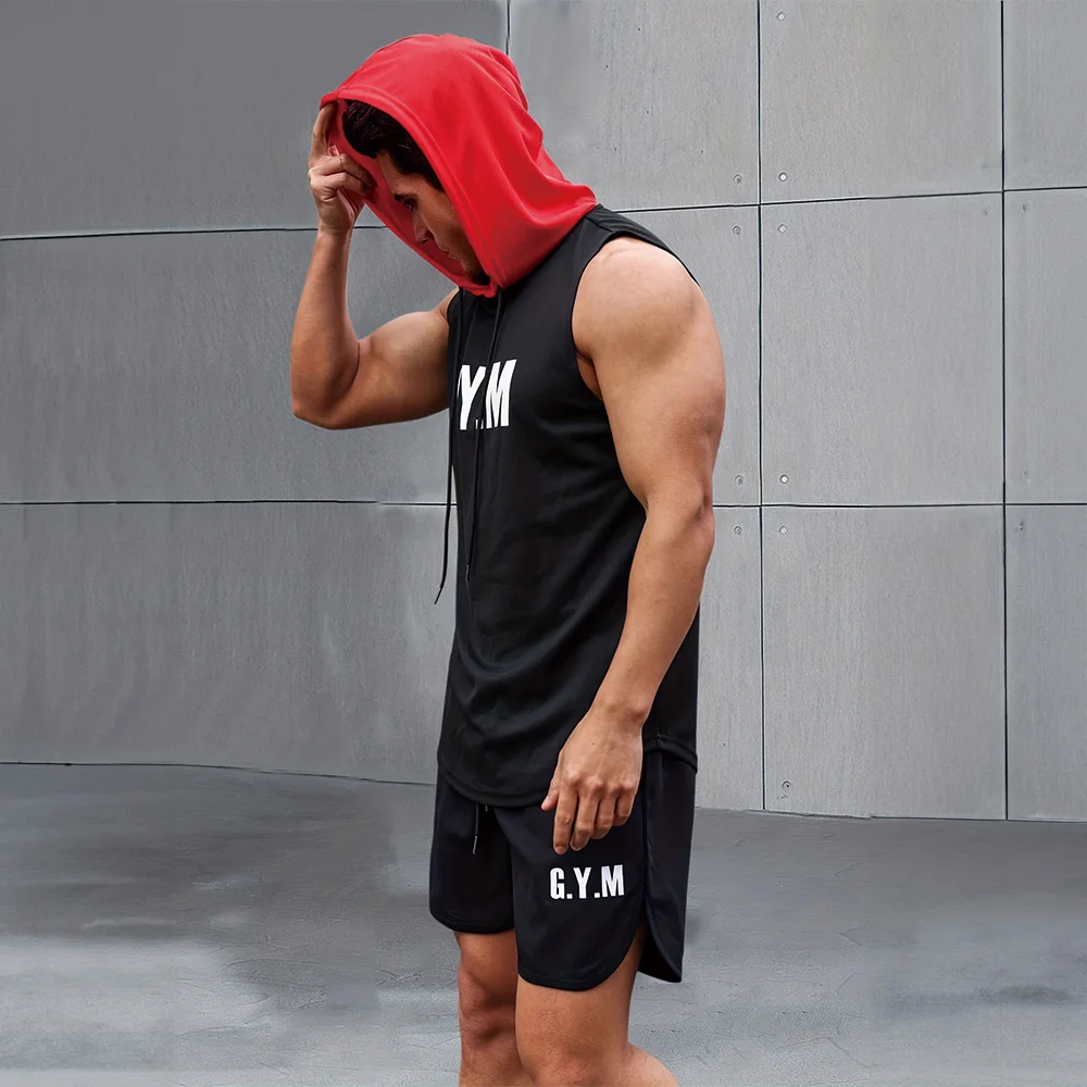 Men Fitness Sports Casual Bottom Shirt Sleeveless Hooded Vest Running Fitness Clothing Fashion Trendy Men Shorts Shorts Top Suit