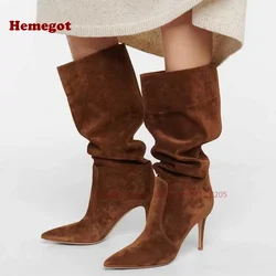 Brown Vegan Suede Wide Calf Knee High Boots with Stiletto Heel Pointy Toe Slip On Women's Boots Warm Winter Casual Shoes Sexy