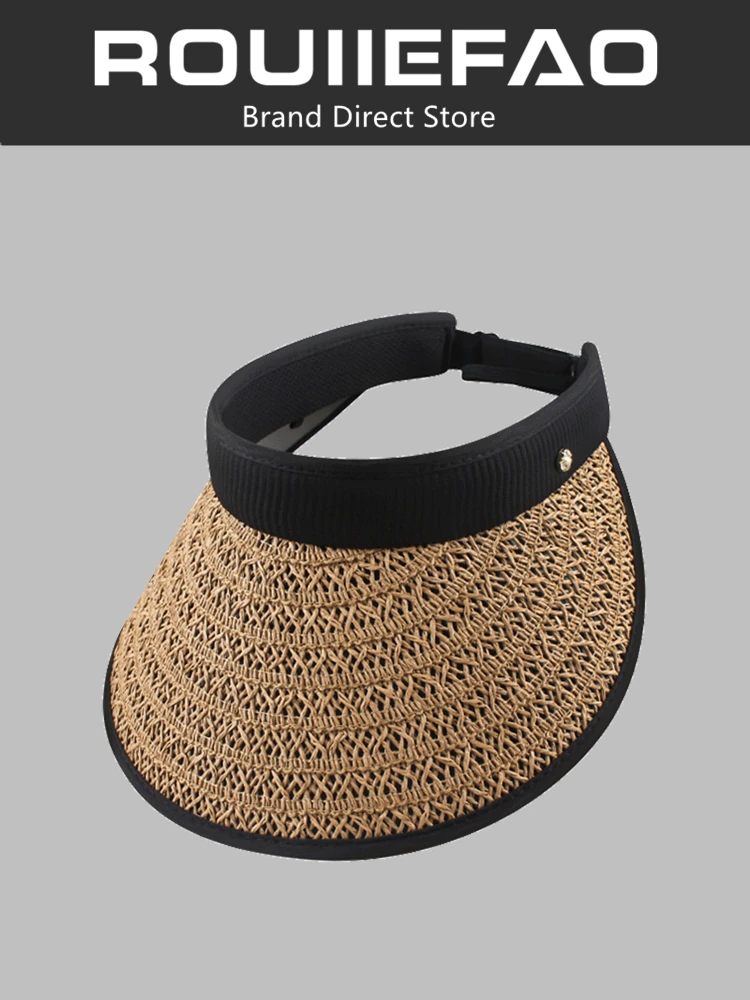 rouiiefao-women's-summer-fashionable-uv-protection-black-glue-straw-woven-empty-top-hat-foldable-sunscreen-sun-hat-high-breat