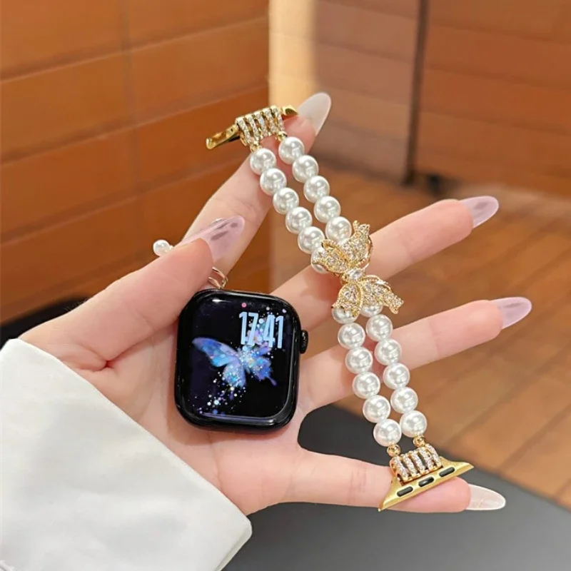 Luxury Jewelry Pearl Watch Band for Apple Watch Series 12 11 10 9 8 7 SE Ultra Sparkly Rhinestone Butterfly Beaded Strap 38-49mm