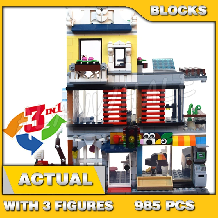 

985pcs Creative 3in1 Townhouse Pet Shop & Cafe multi-story Market Street Tram 11401 Building Block Toy Compatible with Model