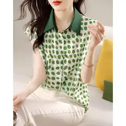 Summer 2023 New All-match Polka Dot Turn-down Collar Short Sleeve Shirts Femme Elegant Patchwork Blouse Women Clothes Buttons