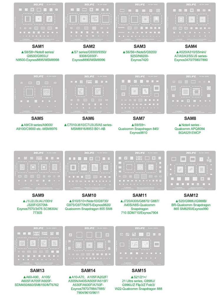 

RELIFE For Samsung Galaxy Note CPU NAND IC Chip Planting Tin Template Steel Mesh BGA Reballing Stencil S8 S7 S6 A9 S20 S21