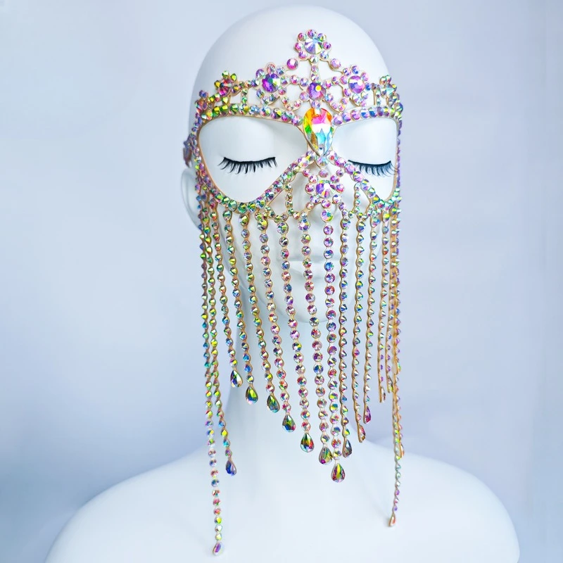 customized belly dance tassel face curtain exotic style mask dance annual party performance with heavy handmade rhinestone mask
