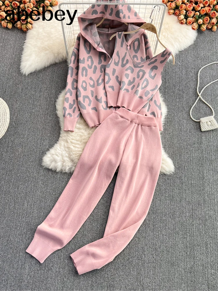 Women Tracksuits Chic 3 Piece Set Costume Knitted Leopard Lounge Suit Cardigan Sweater + Jogger Pants+ Sleeveless Tank Top