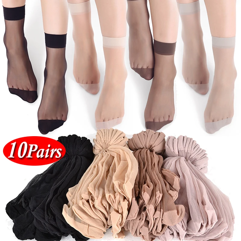 10Pairs/lot Skin Color Transparent Thin Crystal Silk Socks Women Spring Summer Short Ankle Sock Female High Elasticity Nylon Sox