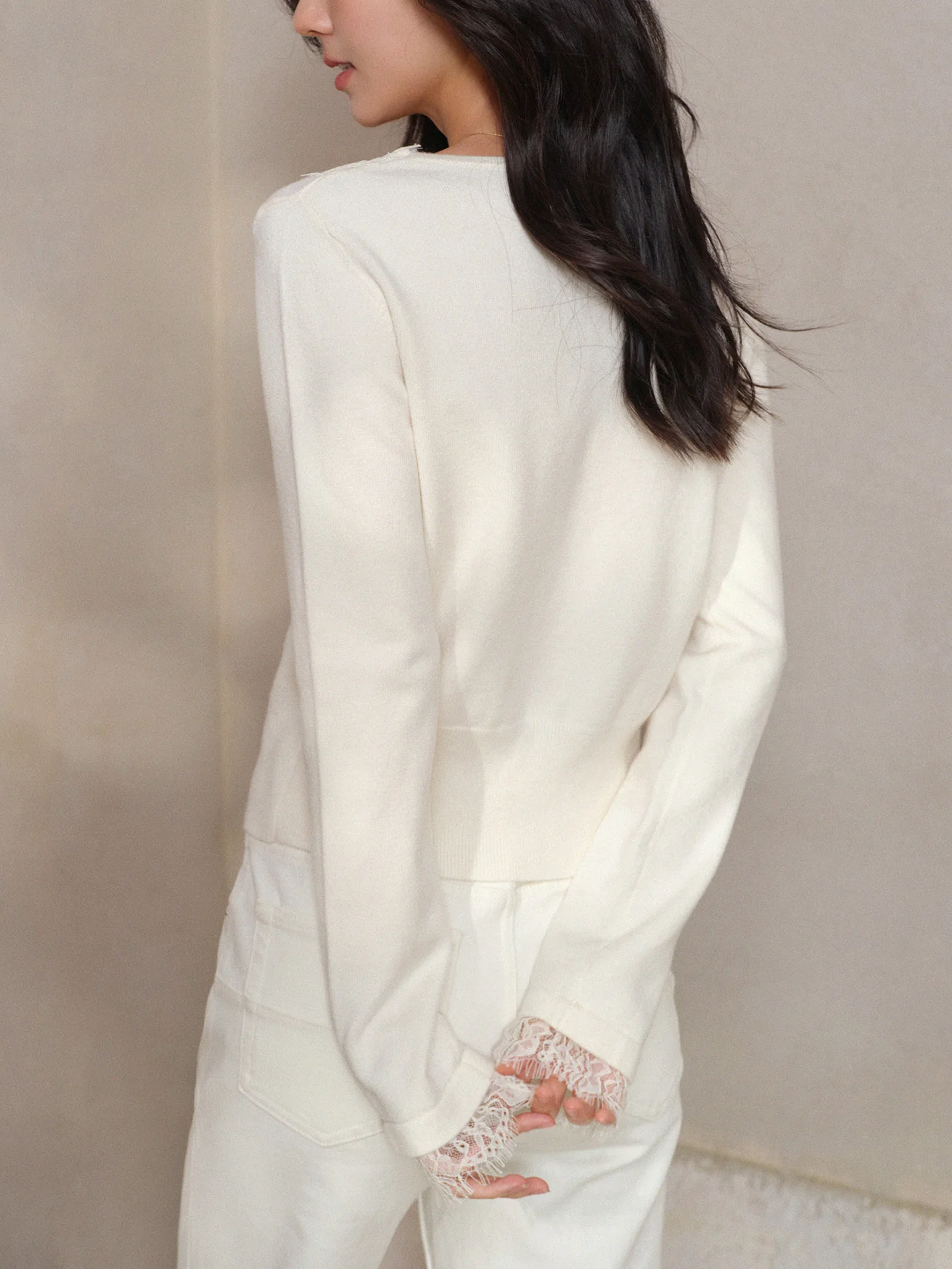 Elegant Lace Trim Knit Cardigan Sweater for Women Soft V-Neck Button Top Sweet Long Sleeve Layering Outfit for Winter Daily Wear