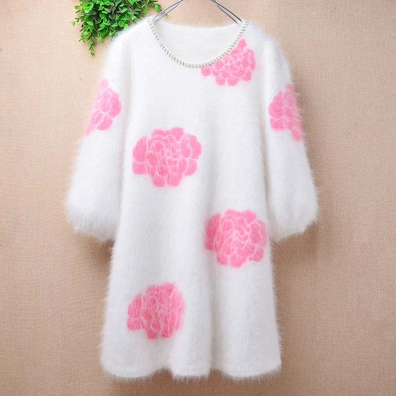 

Ladies Women Autumn Winter Clothing White Flower Hairy Mink Cashmere Knitted Beading Half Sleeve Loose Long Sweater Jumper Dress