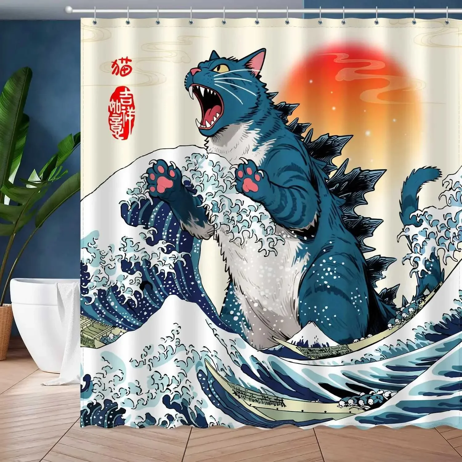 

Funny Catzilla with Great Wave Print Shower Curtain, Waterproof Polyester Bathroom Curtain with Hooks