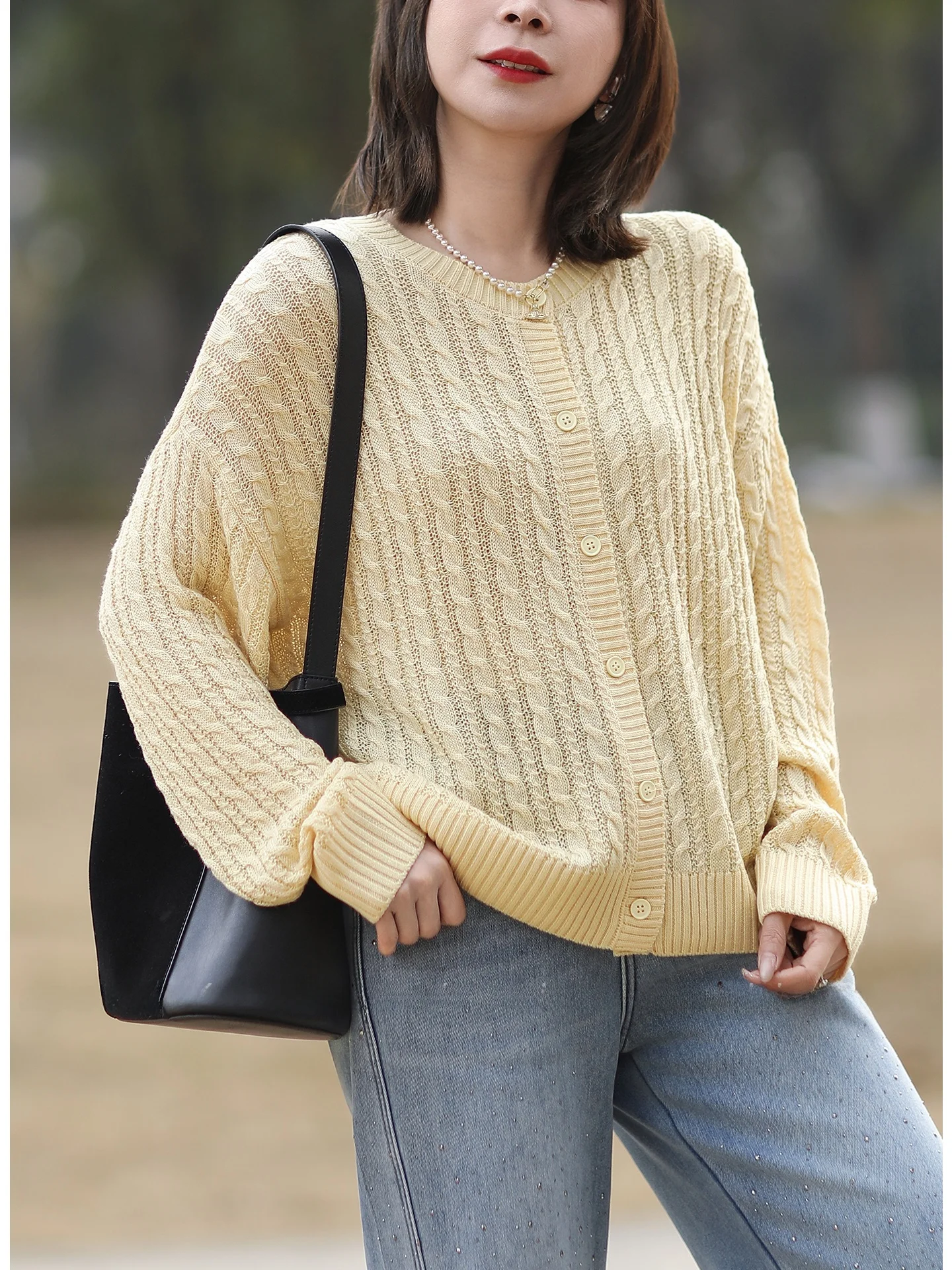 

Свободный вязаный кардиган с круглым вырезом для женщин, повседневный, с длинными рукавами, на пуговицах, с цветочным принтом, с открытым передом, весна 2026