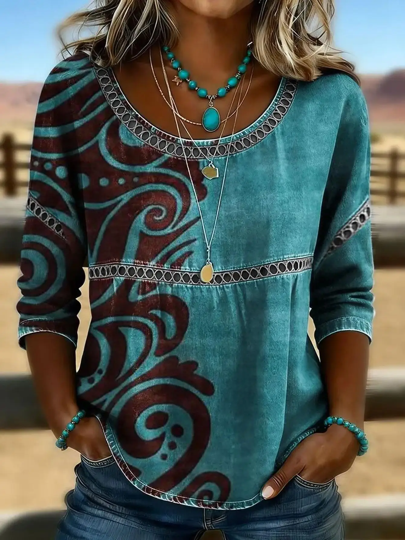 Women Plus Size Blouse 3D Paisley Print Long Sleeve Loose Fit Boho Tunic Top