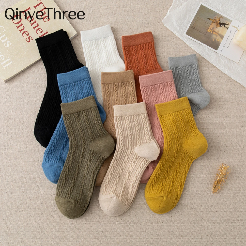 3 Pairs / Lot Chic Funny Twisted Patterned Solid Candy Color Women's Cotton Socks College Style Literary Fresh Girls' Fashion