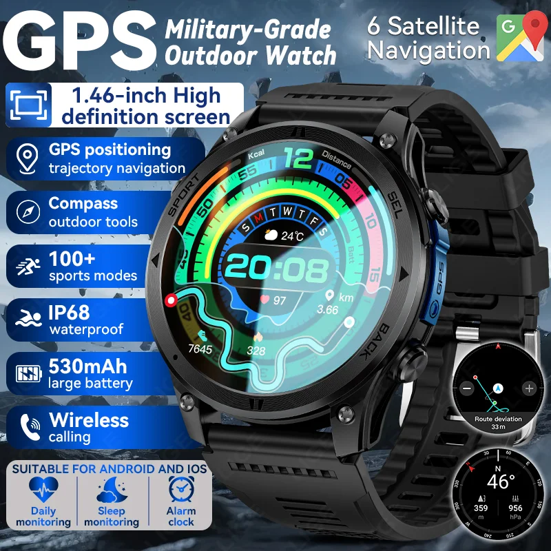 Montre connectée GPS militaire LIGE avec suivi d'activité, batterie 530 mAh, 6 satellites GPS, boussole, altimètre barométrique, IP68, appels