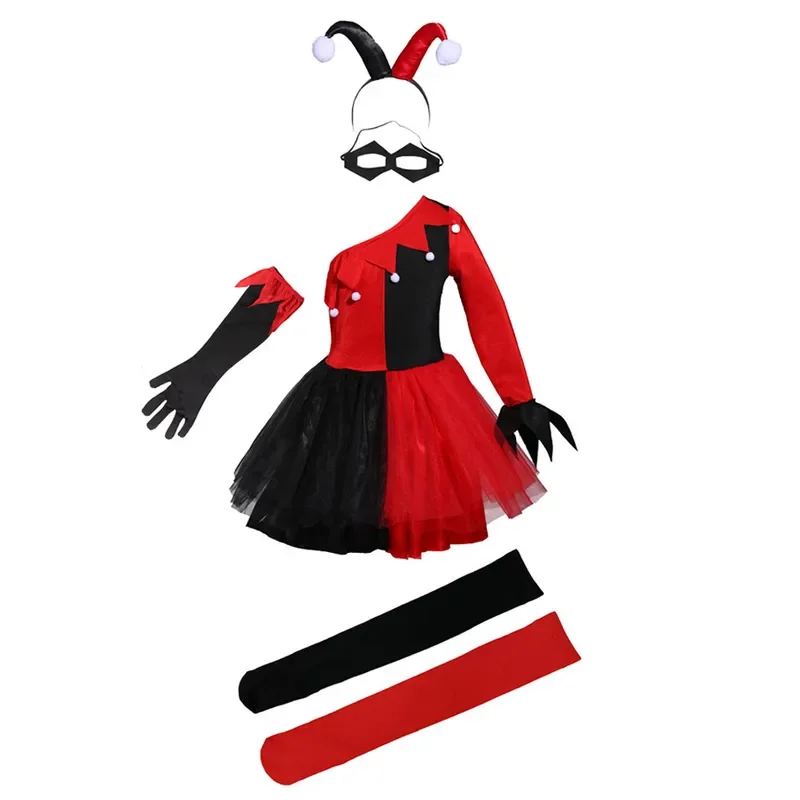 RT01 niñas Quinn Cosplay vestidos Halloween negro rojo payaso asesino disfraz carnaval Pascua Purim vestido de lujo y Gf1