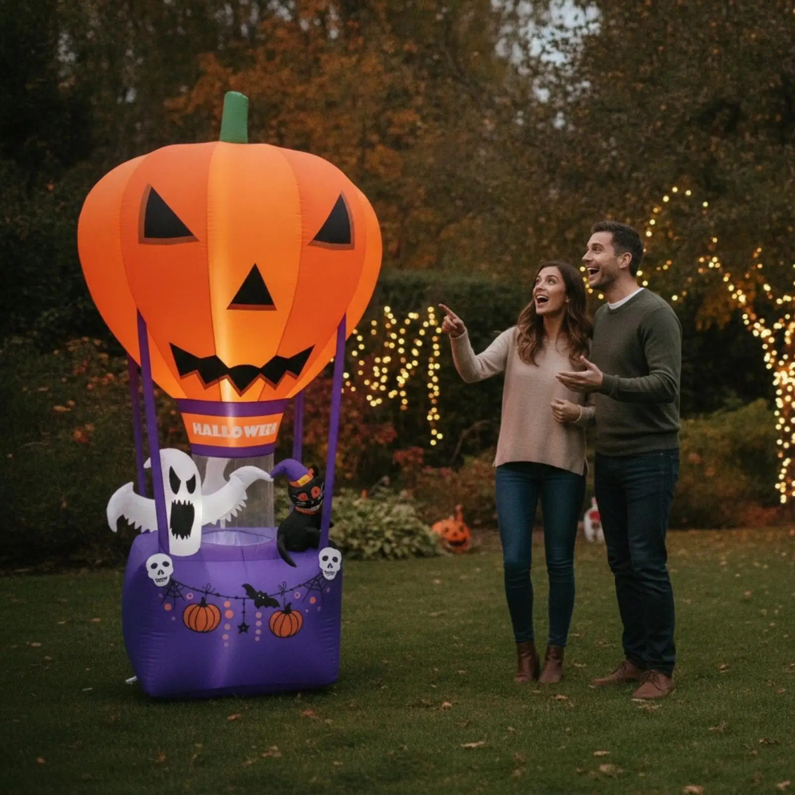 Inflatable Hot-Air Balloon Lighted Inflatable Balloon with Built-in Bright Fan Outdoor Decoration for Lawn, Porch