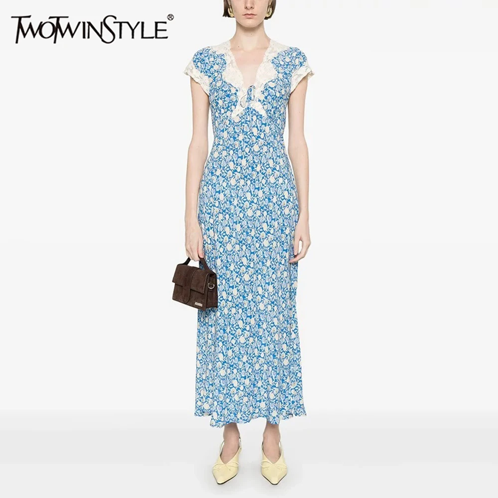 TWOTWINSTYLE Blue Floral Print Short Sleeve Midi Dress for Women V Neck White Lace Trim Slimming Flowy Skirt for Office Commute