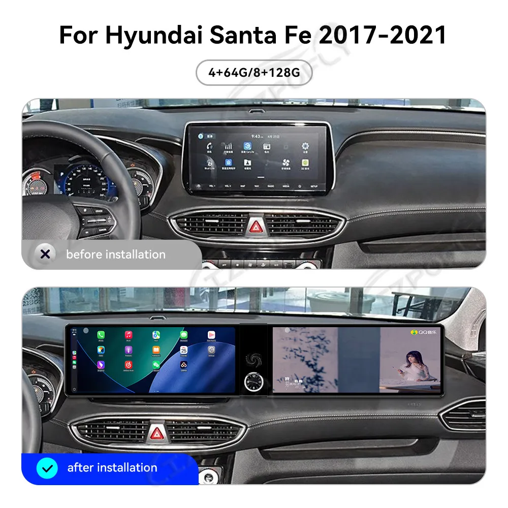 

Автомобильный радиоприемник с двойным экраном 12,3 дюйма для Hyundai Santa Fe 2017-2021 Android CarPlay, мультимедийный видеоплеер, автомобильный GPS-навигатор, стерео