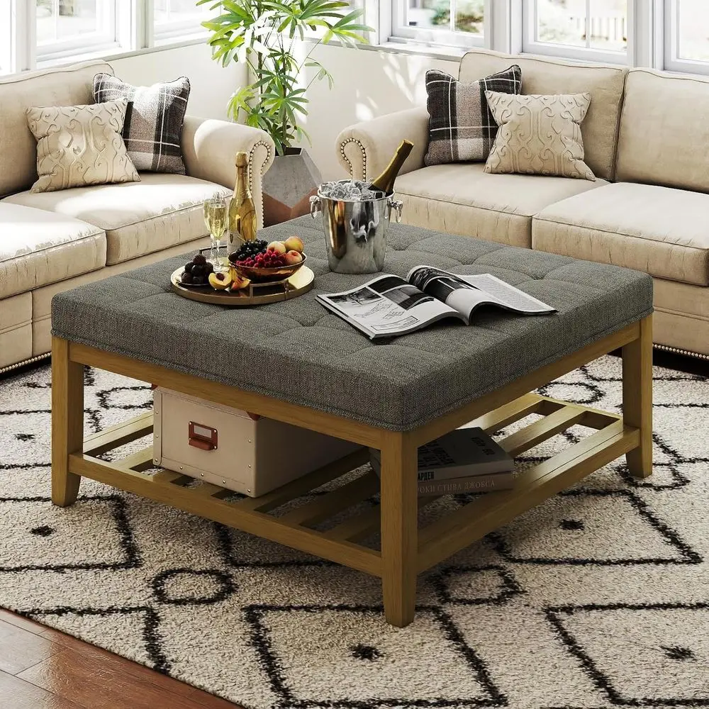 

Linen-Covered Storage Ottoman with Solid Wood Shelf, Tufted Granite Coffee Table for Home Living Spaces