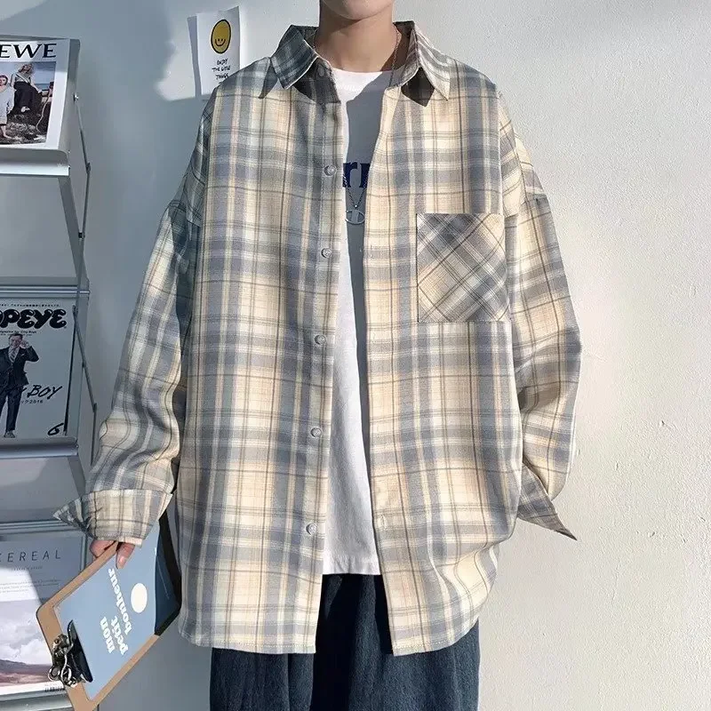 Casual Plaid Shirt Men's Long Sleeve Loose Fit Trendy Hk Style Japanese Collar Thick Short Sleeve Spring Autumn Jacket