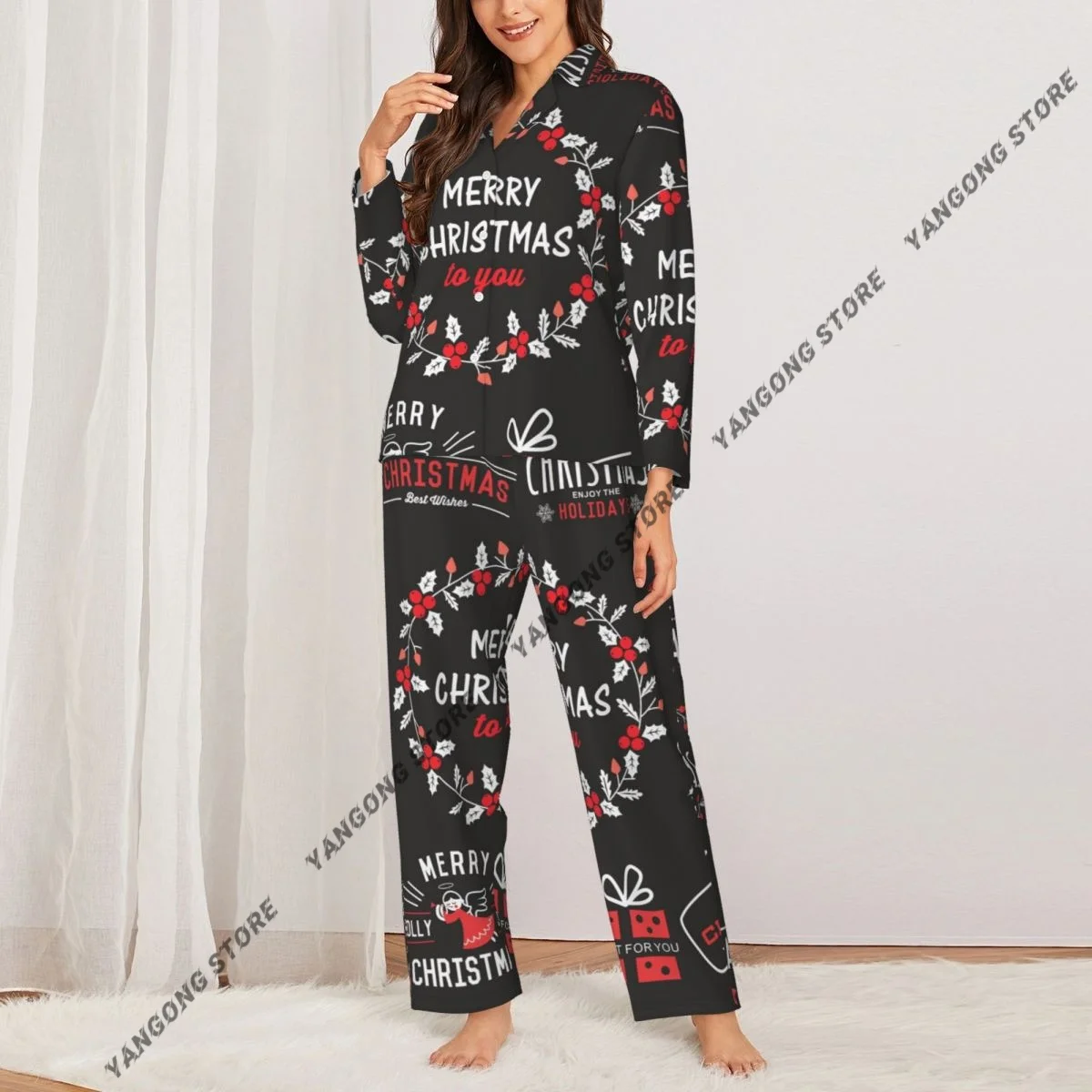 Spring and Autumn Long Sleeve Pants Pajamas Loungewear Set Christmas Design Elements Logos Women's Pull Edge Loose Sleeping Suit