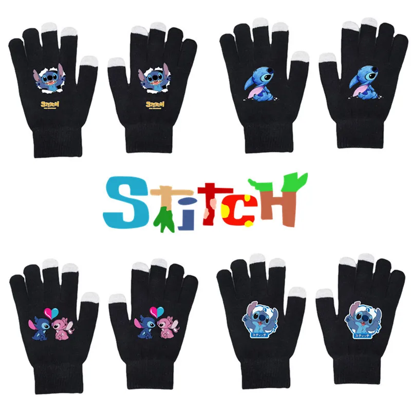 Disney Lilo & Stitch Gloves Cute Cartoon Stitch Fall Knit Winter Warm Touch Screen Gloves Solid Color Printed Black for Gifts