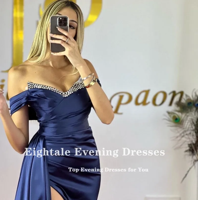 Eightale Navy Blue Evening Dress for Wedding Party V-Neck Beaded off Shoulder Mermaid Arabic Slit Customized Formal Prom Gowns