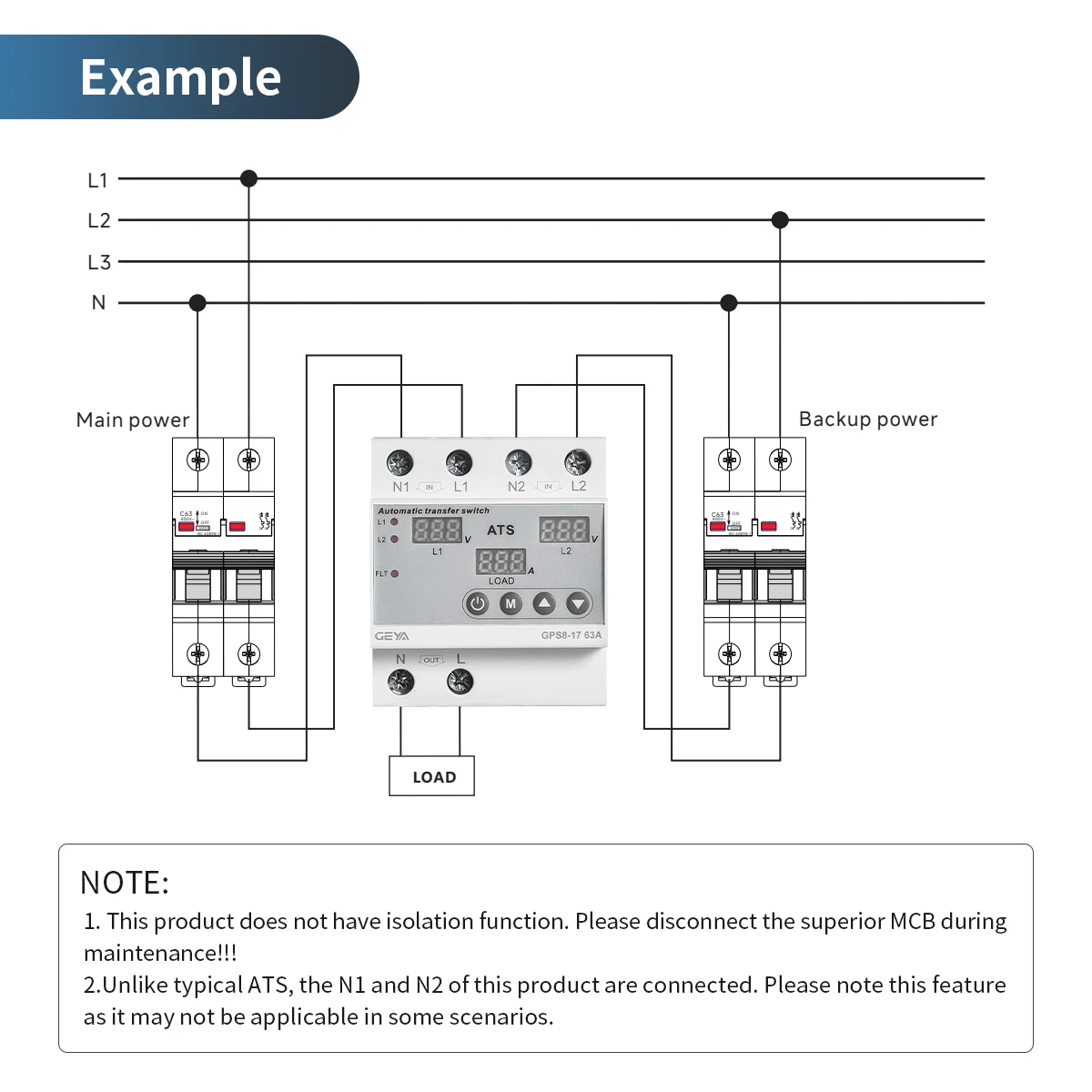 GEYA 63A 220V Automatischer Transferschalter ATS Einstellbarer Über-/Unterspannungs- und Stromschutz Doppelstrom-Umwandlungsüberwachungsrelais – Detail 7