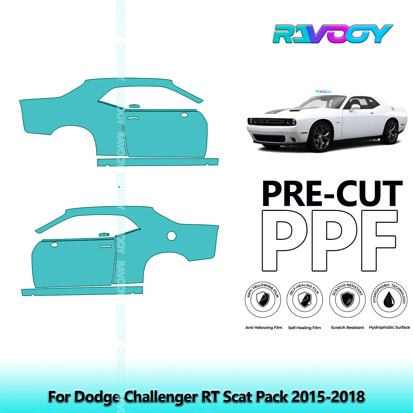 

For Dodge Challenger RT Scat Pack 2015-2018 8.5mil Clear Matte Pre-Cut PPF Door & A/B Pillar Kit TPU Paint Protection Film Set